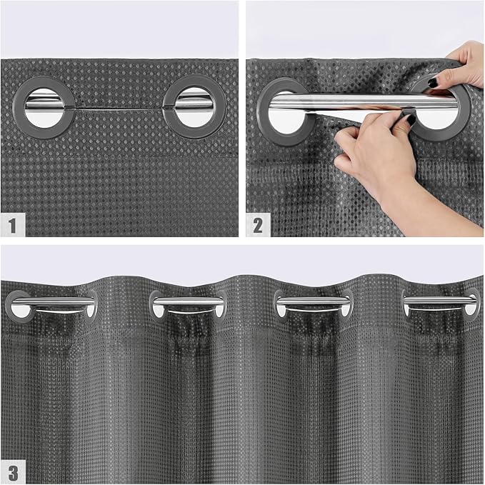 MitoVilla Grey Waffle Small Stall Shower Curtain Liner Set 36 x 74, No Hooks Required Half Size Narrow Fabric Cloth Shower Curtain Set with Snap-in Liner for Modern Bathroom Decor, Charcoal Grey