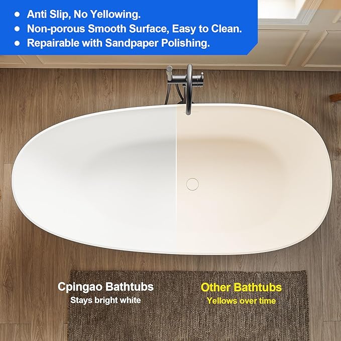 Cpingao 67" Stone Resin Freestanding Bathtub, Egg Shell Solid Surface Soaking Stand Alone Tubs with Pop-up Drain and Overflow, Matte White 8848-1700