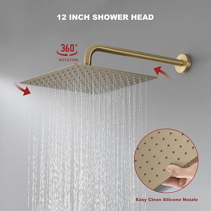 Shower Faucet Set - 12 inches Rain Shower System with 6 Function Handheld Shower Head Rough in Pressure Balance Valve Kit - Stainless Steel Bathroom Shower Kit Complete Brushed Gold