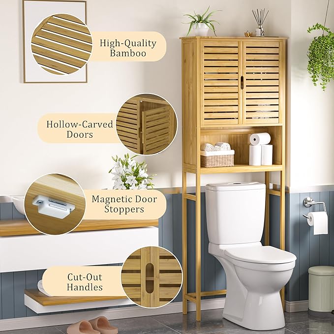 BlueWish Bamboo Over The Toilet Storage Cabinet, Over Toilet Cabinet with Anti-toppling Design, Adjustable Slats, Over-The-Toilet Storages, Bathroom Storage Cabinets for Bathroom, Laundry