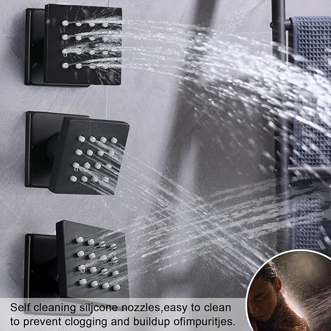 Matte Black Shower System Digital Tempreature Display Thermostatic Shower Faucet Set with 12 inch Ceiling Mount and 8 inch Wall Mount Shower Head, with 6 PCS Body Jet and Handheld Spray