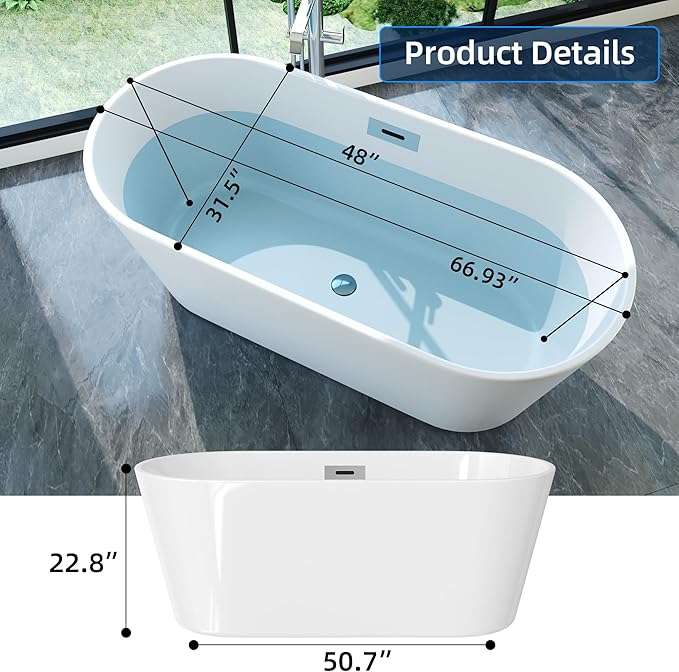 67 Inch Freestanding Bathtub, Acrylic Soaking Bathtub with Chrome Drain and Overflow, Standalone Ergonomic Tub for Bathroom Relaxation, Deep Design for Family and Guest Use