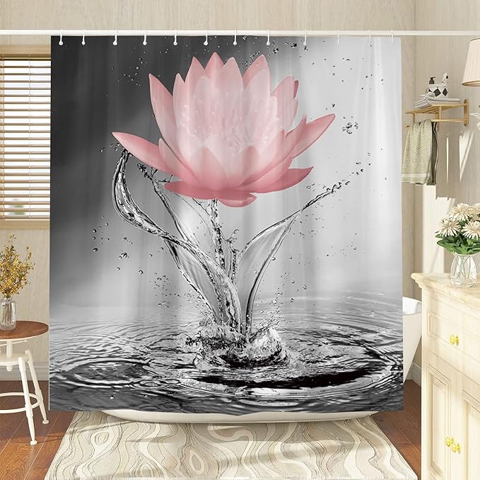 Lotus Shower Curtain Black White Grey Red Flower Elegant Blooming Floral with Dew Spring Flower Reflection on Water Modern Romantic Polyester Fabric Bathroom Decor 70×70 Inch with Hook