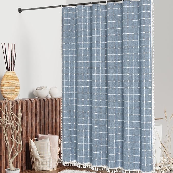 MitoVilla Blue Boho Shower Curtains for Modern Farmhouse Bathroom Decor, Vintage Country Thick Polyester Linen Fabric Shower Curtain, Rustic Tassel Cloth Shower Curtain, 72 x 72