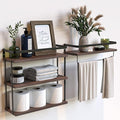 RICHER HOUSE 3+1 Tier Wall Mounted Floating Shelves Set of 2, Rustic Wood Wall Shelf with Metal Frame, Extra Storage Rack for Bathroom, Kitchen, Bedroom with Tissue Rack & Towel Bar - Rustic Brown