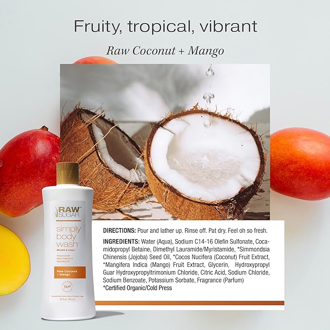 RAW SUGAR Simply Body Wash - Raw Coconut + Mango, Moisturizing & Soothing Bath & Shower Gel, Sulfate-Free, Paraben-Free & Vegan (Pack of 3)