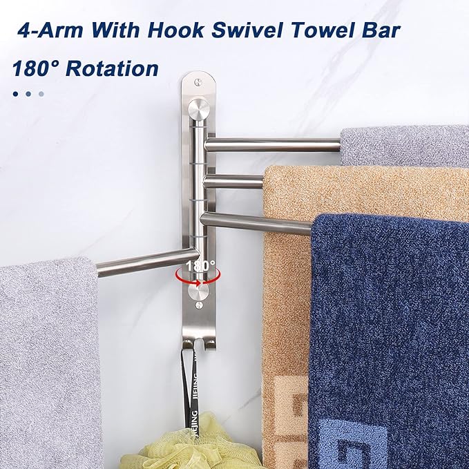 NearMoon Swivel Towel Rack, 13.8" Thicken 304 Stainless Steel 4-Arm Towel Bar, Space Saving Wall Mounted Towel Holder with Hook, Rustproof Swing Out Towel Hanger for Bathroom, Kitchen (Brushed Nickel)