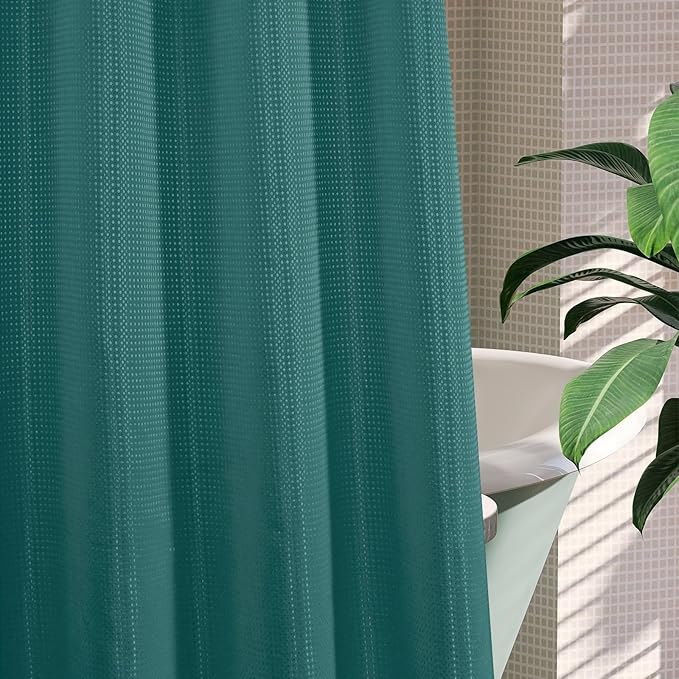 MitoVilla Dark Green Long Shower Curtain Liner Set 72 x 80, No Hooks Needed 80 inch Long Heavyweight Waffle Fabric Shower Curtain Set with Snap-in Liner for Hotel Grade Spa-Like Bathroom Decor