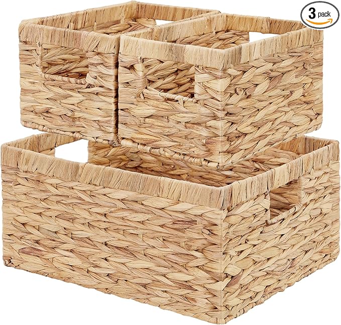 Vagusicc Wicker Basket, Set of 3 Hand-woven Storage Baskets for Organizing, Water Hyacinth Wicker Storage Basket Bins with Handles, Small Toilet Paper Storage Baskets for Shelves Pantry Baskets