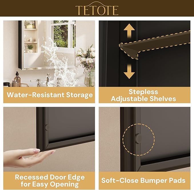 TETOTE 36 x 24 Bathroom Vanity Mirror Cabinet with Tempered Beveled Mirror Black Medicine Cabinet Aluminum Cabinet DTC Hinges, Stepless Adjustable Shelves, Recessed/Surface-Mounted