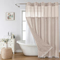 Boho Farmhouse No Hook Shower Curtain Set with Snap-in Fabric Liner,Heavy-Duty Linen Textured Rustic Striped Design,Water-Repellent with Tassels and Sheer Window,Tan/Taupe,71x74