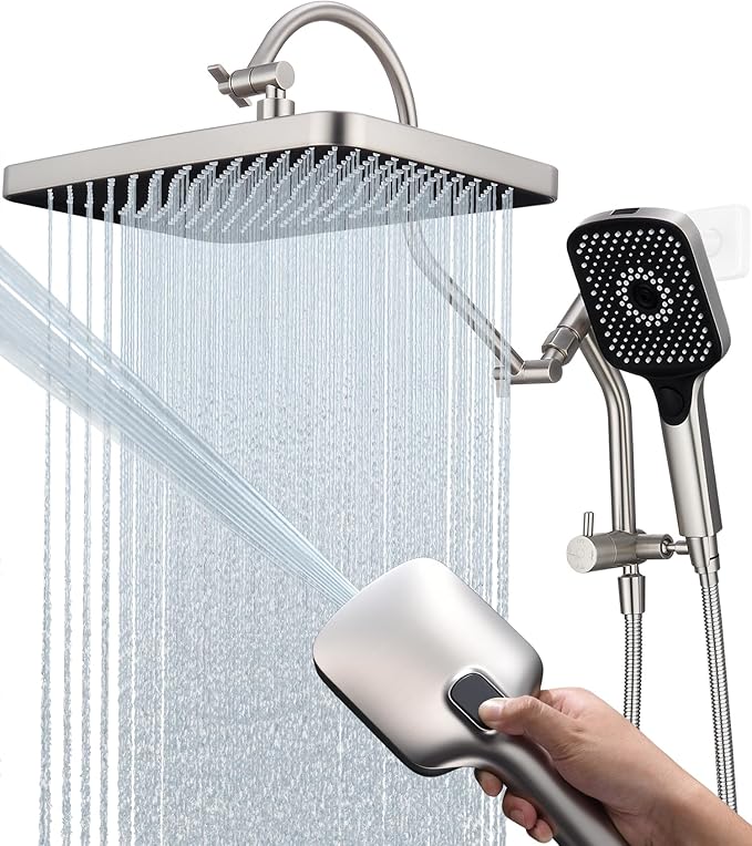 13 Inch Rainfall Shower Head with Multi-Function Handheld Sprayer Combo, 3-Way Metal Extended Diverter with Holder and Metal Adjustable Curved Shower Extension Arm, Extra Long Hose Brushed Nicke
