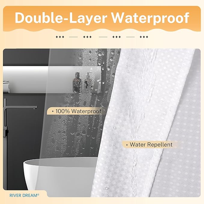 River Dream Extra Long Waffle 3 in 1 Shower Curtain Set, White Fabric Shower Curtain and Clear Liner Set with Double Sided Hooks, Waterproof, 72" W*84" H