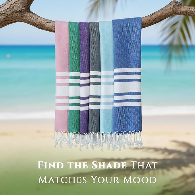 Turkish Cotton Beach Towel Pack of 6 & 1 Boho Tote Bag - Hammam Towels - No Shrink - Quick Dry - Lightweight - Sand Free - Camping - Pool - Tanning - Beach Essentials - Green (40"x70")