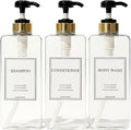 Modern Gold Design Shampoo and Conditioner Dispenser, Large 27oz Shower Soap Dispenser, Set of 3 Refillable Empty Plastic Pump Bottles for Bathroom (6 Waterproof Labels Included), (Clear & Black)