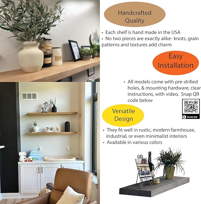 joelsantiques 48 Inch Wooden Floating Shelves for Wall - 48x10x2 in - Made of Natural Wood - Long Heavy Duty Rustic Wall Shelves for Bedroom - Perfect for Living Room, Kitchen - Beige