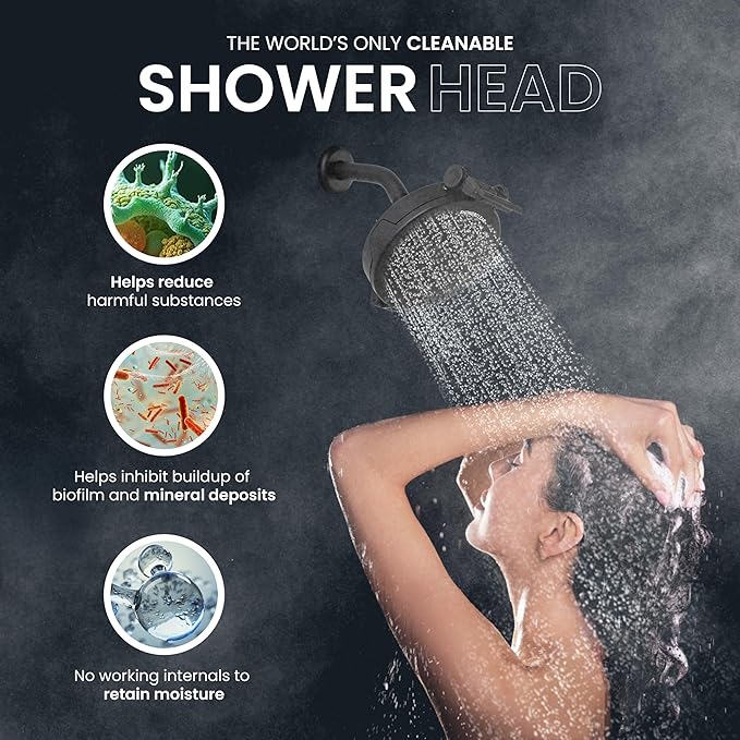 Shower Clear-The World’s Only Cleanable Shower Head with Patented Open-Clean Design to Reduce Moisture and Buildup, High Pressure Flow, Universal Fit -Matte Black (1.1 lbs, 5.5 inches)