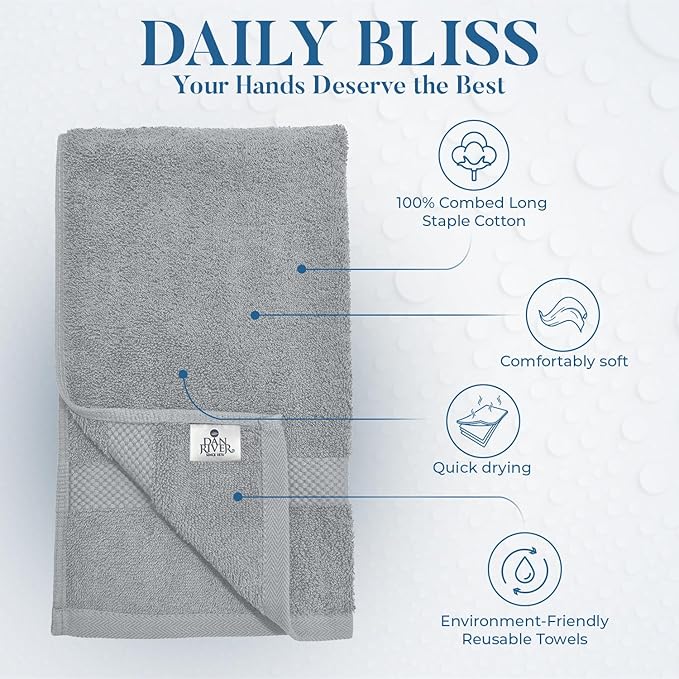 DAN RIVER 6-Pack Premium Hand Towels (16x28 Inches) - 100% Cotton, Ultra Soft, Lightweight, Highly Absorbent Towels for Bathroom, Spa, Gym, Salon, Hotel, and Travel - 550 GSM - Silver