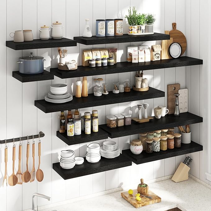 16 Inch Floating Shelves for Wall Set of 2, 12"D Wood Grain Bathroom Shelves with Invisible Brackets, Easy Install Engineered Wood Storage Shelves for Kitchen, Living Room, Bedroom, Black Finish