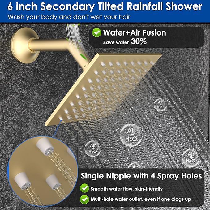 Enga Shower Faucet Set, Dual Shower Head System with Body Jets, 10" & 6" Rain Showerheads with 4 Jets, 2 in 1 Handheld Spray, 4 Way Shower Diverter, Brushed Gold