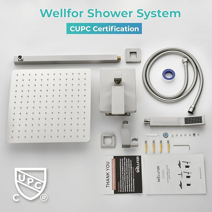 WELLFOR Wall Mounted Shower Faucet Set, Bathroom Showers Faucets, Shower System With 10" Square Rain Shower Head and Handheld, 2.5 GPM, Rough in Valve, Hot Cold Water, Single Handles (Brushed Nickel)