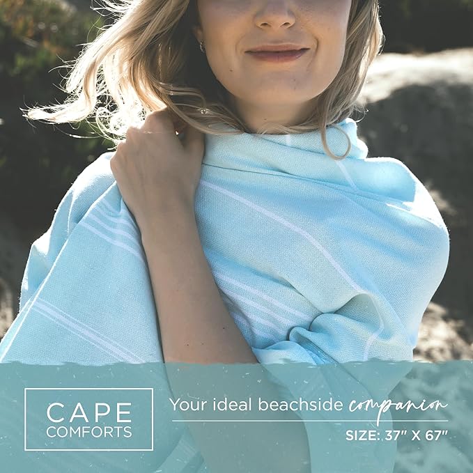 Large Turkish Beach Towel, Classic Mint - Super Soft & Lightweight Quick Dry Absorbent Towels for Beach, Picnic Blanket or Bath Towel - Sand Free Organic Turkish Cotton Yarn