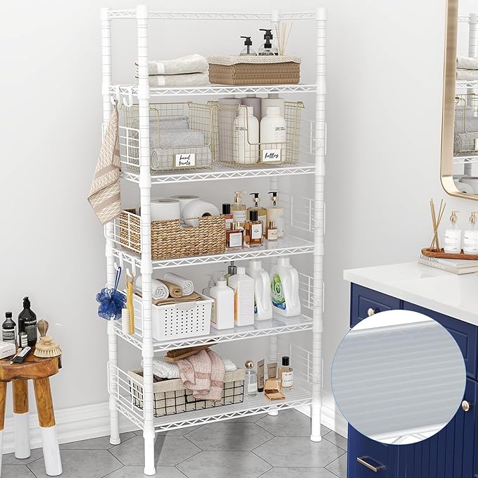 FUTASSI Metal Storage Rack, Storage Organizer Shelves for Kitchen, Bathroom, Living Room, Balcony and Garage, 5 Tiers Narrow Bookshelf, 21.2" W x 9.4" D x 59.2" H, Load 400lbs, White