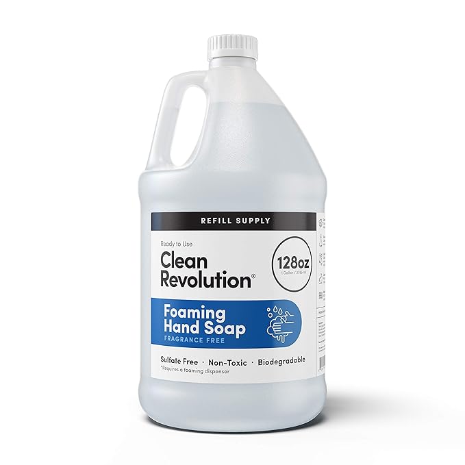 Clean Revolution Foaming Hand Soap Refill Supply, Gentle, Moisturizing & Eco-Friendly, Ready to Use Formula, Gluten Free, Unscented, Fragrance Free, 128 Fl Oz