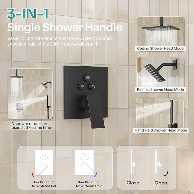 Black Shower System, Matte Black Shower Faucet Set with 3 In 1 Push Button Shower Diverter Valve, 10'' Ceiling Shower Head and 6'' Wall Mounted Shower Head, Black Rain Shower Head with Handheld Spray