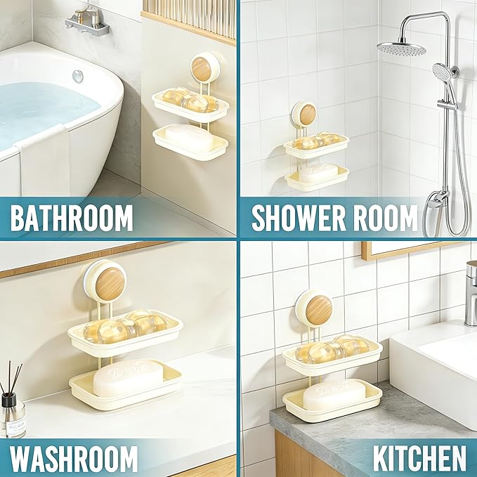 Dual-Suction Soap Dish Holder, Wall-Mounted No Drill Soap Saver with Double Layer Drying Rack, Strong Suction Cups for Bathroom, Shower, Kitchen Sink Countertop Organization