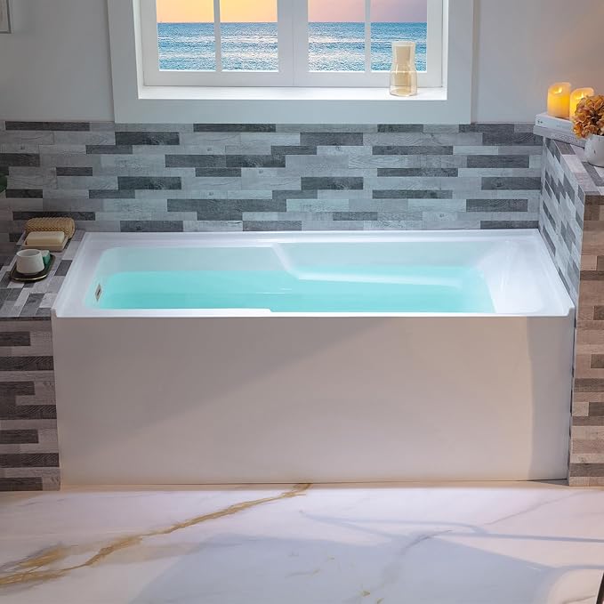 WOODBRIDGE 60" Acrylic Rectangular Alcove Soaking Bathtub in White with Left Drain, Chrome pop-UP Drain Included BA6030L