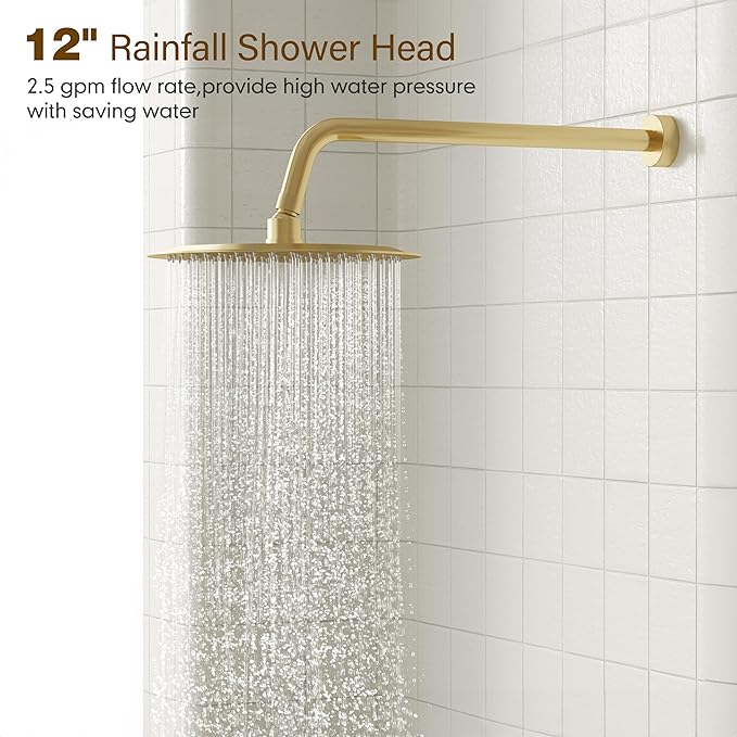 Gabrylly Shower System, High Pressure 12" Rain Shower Head with Handheld Shower, Wall Mounted Slide Bar Shower Faucet Set Complete, Shower Combo Set with Shower Valve,Brushed Gold