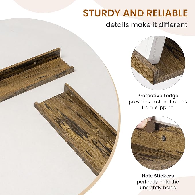 Axeman Picture Ledge Shelf, Floating Shelves for Wall Decor Set of 6, 55 inch Floating Wall Mounted Shelves, Shelves with Lip for Living Room, Bedroom, Nursery, Bathroom, Kitchen, Rustic Brown