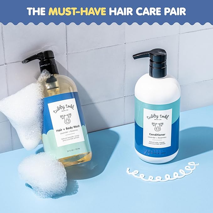 TUBBY TODD Hair Duo - Baby Shampoo and Conditioner Set - Gentle & Moisturizing Hair Care - Hypoallergenic, Non-Irritating - For Newborns, Toddlers & Kids - 25 Fl Oz & 24.3 Fl Oz - Lavender Rosemary
