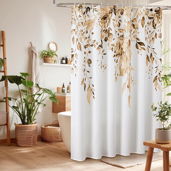 Colorful Star Brown Eucalyptus Waterproof Shower Curtain Set with Hooks, Minimalist Watercolor Floral Print Bathroom Décor, Plant Leaves Washable Fabric Shower Curtain, 72 x 72 Inch
