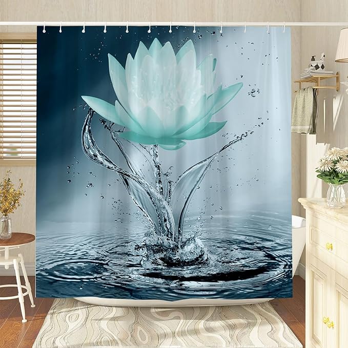 Lotus Shower Curtain Black White Teal Flower Elegant Blooming Floral with Dew Spring Flower Reflection on Water Modern Romantic Polyester Fabric Bathroom Decor 60×70 Inch with Hook