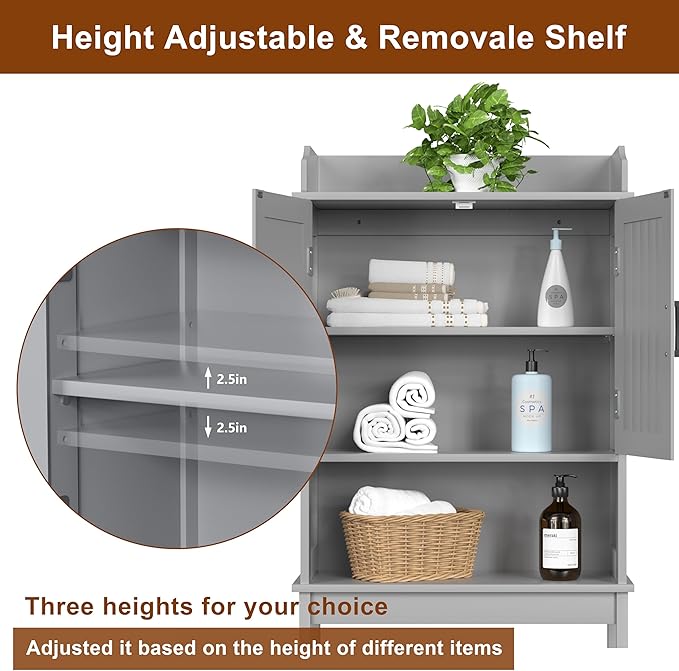 BlueWish Over The Toilet Cabinet, Bathroom Over Toilet Storage with Adjustable Shelves, Anti-toppling Design, Over Toilet Cabinet for Bathroom, Restroom, Laundry, Grey