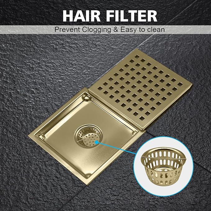 6 Inch Square Shower Drain with Flange, Removeable Grate SUS 304 Stainless Steel Shower Drain with Hair Catcher (Brushed Gold, 6 Inch)