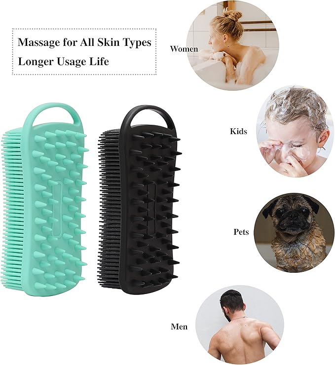 2 PC Silicone Body Scrubber, 2 in 1 Exfoliating Shower Bath Scrubber, Soft Silicone Loofah for Sensitive Skin, Shower Hair Scalp Massager, Easy to Clean, Lather Well (Black&Green)