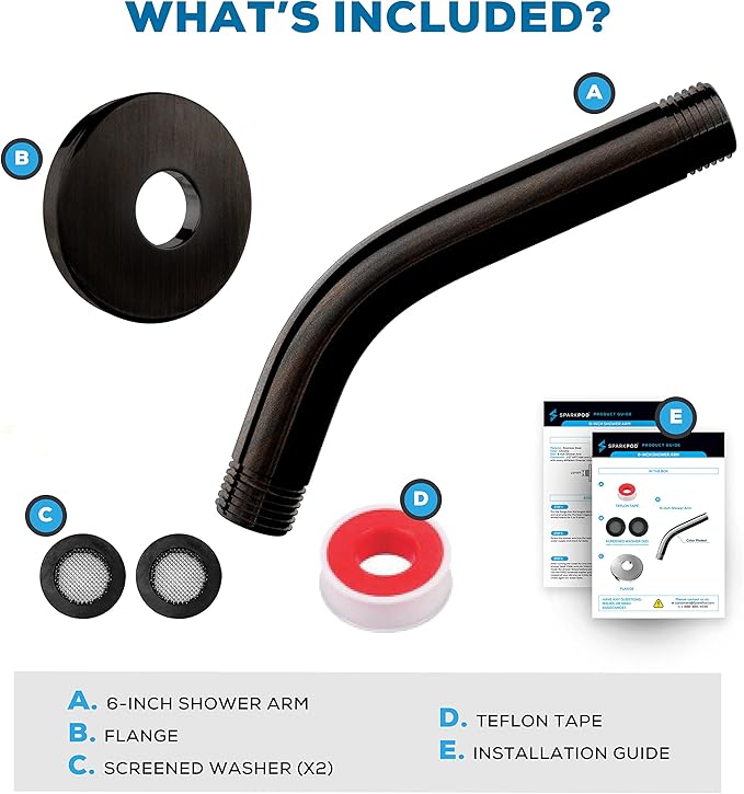 SparkPod 6 Inch Shower Arm with Flange - Solid Stainless Steel Shower Head Extension Arm - Wall-Mounted for Fixed & Handheld Showerheads - Teflon Tape Included (Standard 6", Vintage Oil-Rubbed Bronze)