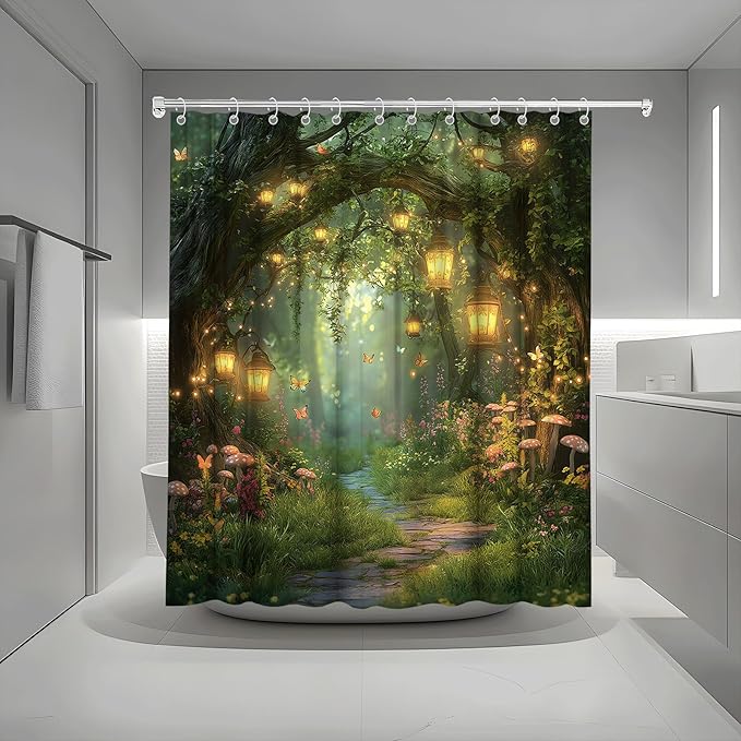 Fantasy Forest Path Shower Curtain Fairy Magical Enchanted Misty Jungle Mushroom Floral Tree Butterfly Lantern Wonderland Plant Bath Curtain Fabric Bathroom Accessories Decor with Hooks 75W x70L