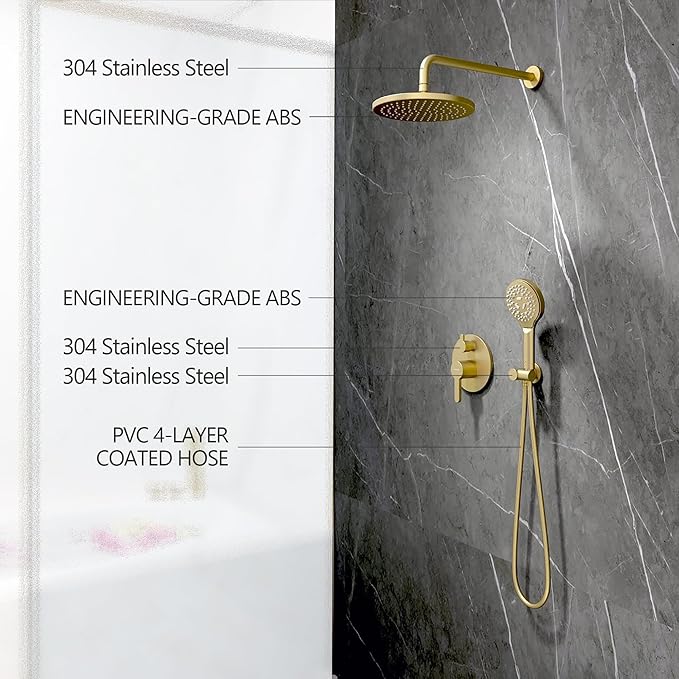Brushed Gold Shower Faucet Set, Wall Mount Rain Shower System 10 Inches Shower Head and Shower Handheld, Included Pressure Balance Valve and Trim Kit
