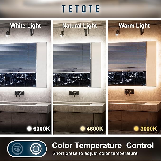 TETOTE 96 x 36 Inch LED Backlit Bathroom Mirror with Lights,3Color White/Warm/Natural,Anti-Fog Lighted Mirror,Dimmable,Vanity Mirror,Wall Mounted