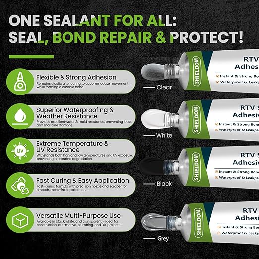 RTV Silicone Adhesive Sealant 100% Silicone Sealer All-Purpose Caulk Waterproof Stronger Adhesion, Shrink & Crack Proof Caulking for Car, Kitchen, Window, Bathroom, Door (Black, 3.4 Fl. Oz.)