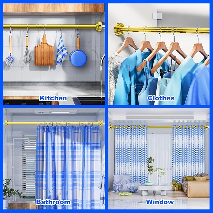 Ausemku Shower Curtain Rod - 32-68 Inch Rustproof Tension Rod, Non-Slip Spring Design, No Drilling Adjustable Curtain Rod for Bathroom, Kitchen, and Closet（Gold）