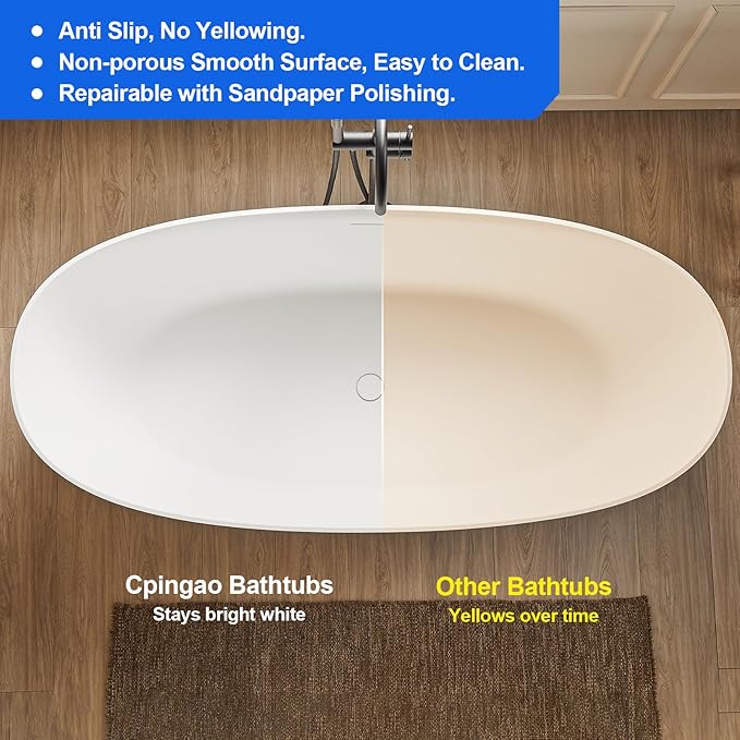 Cpingao 59" Stone Resin Freestanding Bathtub, Elegant Oval Shape Soaking Tub, Solid Surface Stand Alone Bathtub with Drain & Integrated Slotted Overflow Matte White 8845-1500