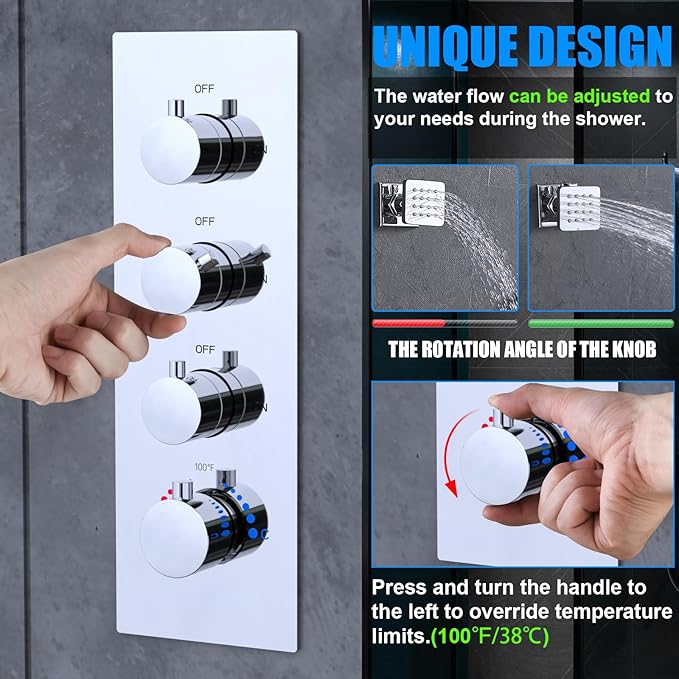 HOMEDEC 3-way Brass Thermostatic Shower Diverter, 4 Handle Flow Control Valve, 3/4 inch Inlet can Run Simultaneously, Chrome
