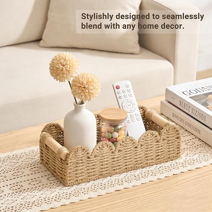 Dahey 2 Pcs Woven Paper Rope Toilet Paper Storage Basket for Over Toilet Storage Shelf Scalloped Edge Toilet Tank Basket with Handles for Organizing, Bathroom Countertop Living Room Bedroom Home Decor