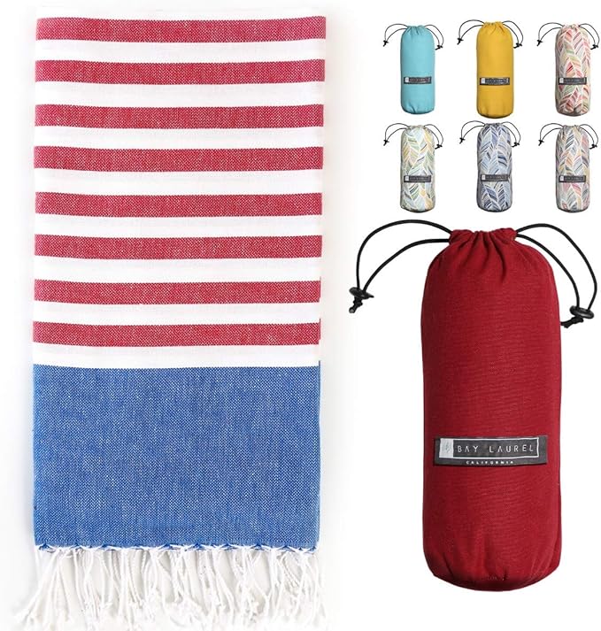 BAY LAUREL Turkish Beach Towel with Travel Bag 39 x 71 Quick Dry Sand Free Lightweight Large Oversized Towels Light