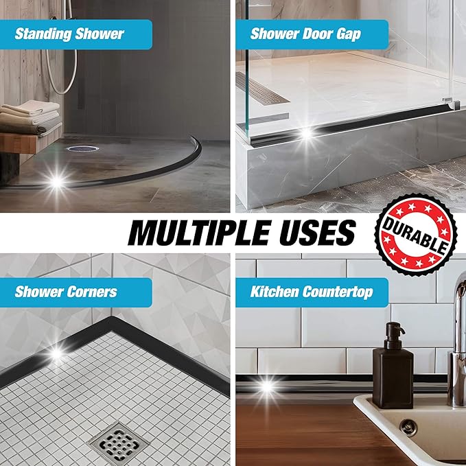 Shower Threshold Water Dam Barrier 105" - Black Collapsible Shower Water Blocker - Guard for Walk in Shower - Water Guard Stopper for Floor - Shower Door Water Blocker by Hippo Dam